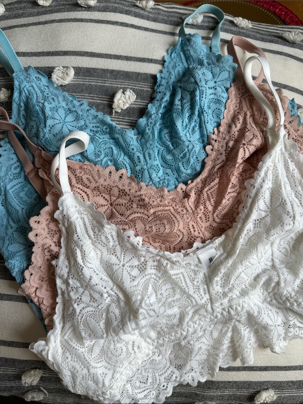 Old Navy Lace Bralette Trio in White, Blush, and Light Blue